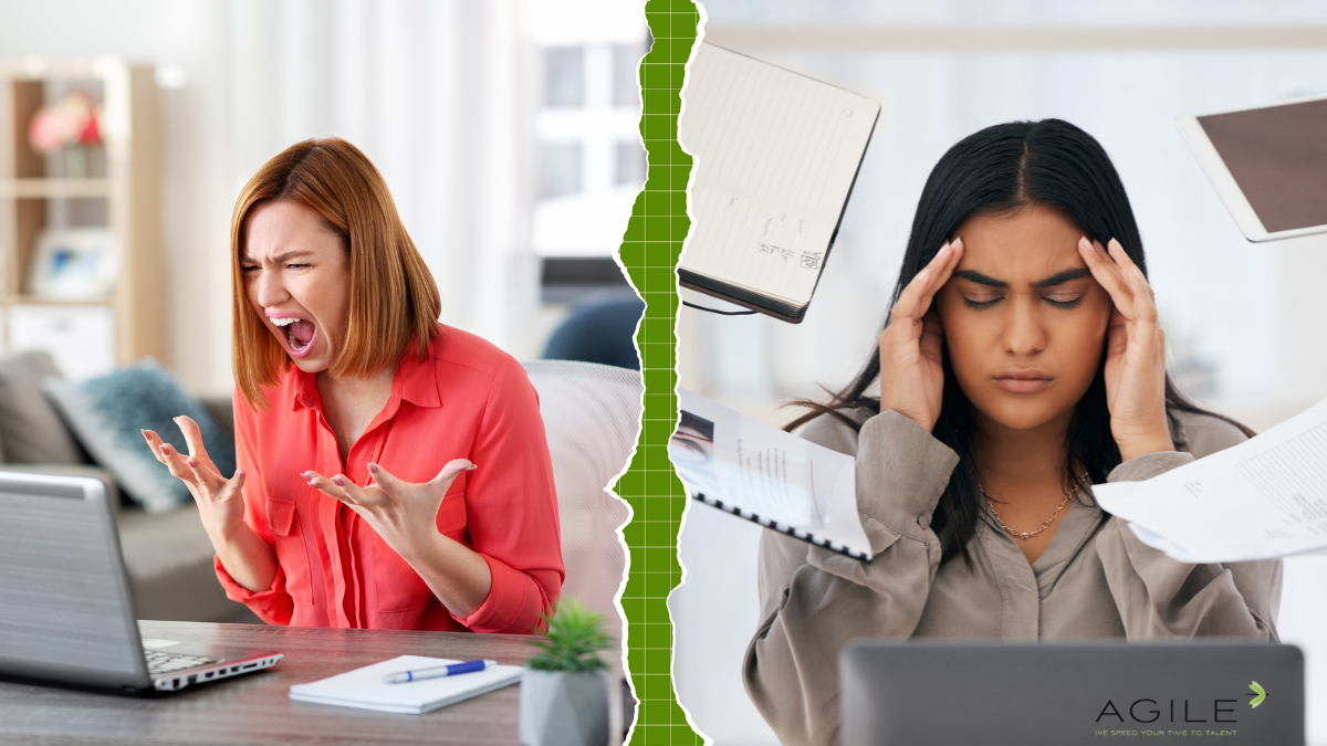 Split-screen image showing a frustrated job seeker on one side and an overwhelmed recruiter on the other—highlighting the disconnect when a recruiter is not responding.