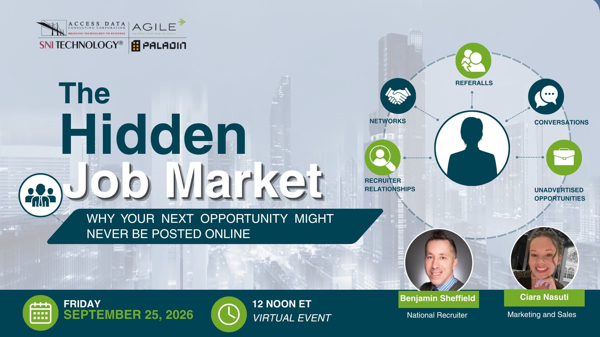 Promotional graphic for Last Friday Job Party webinar, "The Hidden Job Market: Why Your Next Opportunity May Never Be Posted Online." Features hosts Ciara Nasuti and Ben Sheffield with networking, recruiter relationships, referrals, LinkedIn networking, and career connection themes. Virtual career development event on September 25, 2026 focused on finding unadvertised jobs, building professional relationships, and improving job search strategy.
